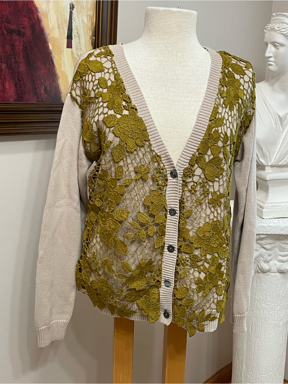 Sundance Cotton Cardigan Vintage Garden Lace Applique M Beige with Mossy Green